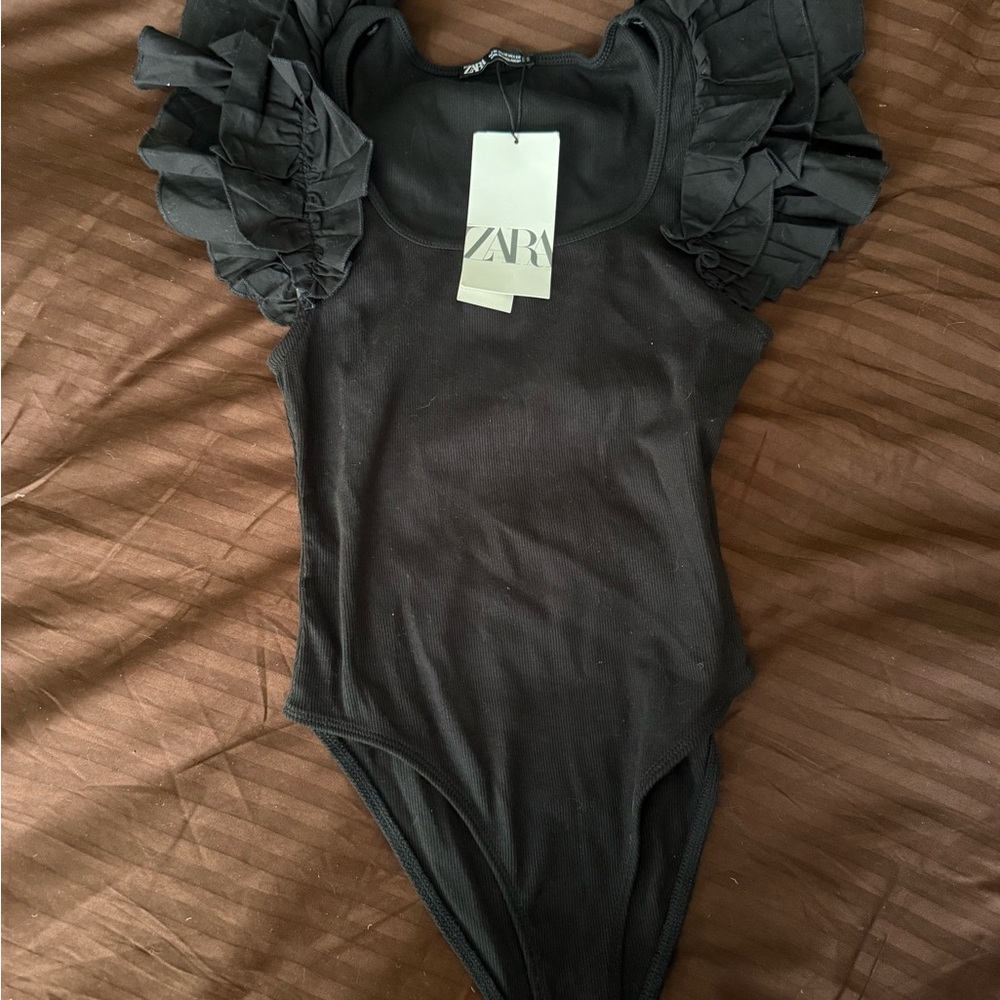 Zara Black Bodysuit with Ruffled Detail Sleeves